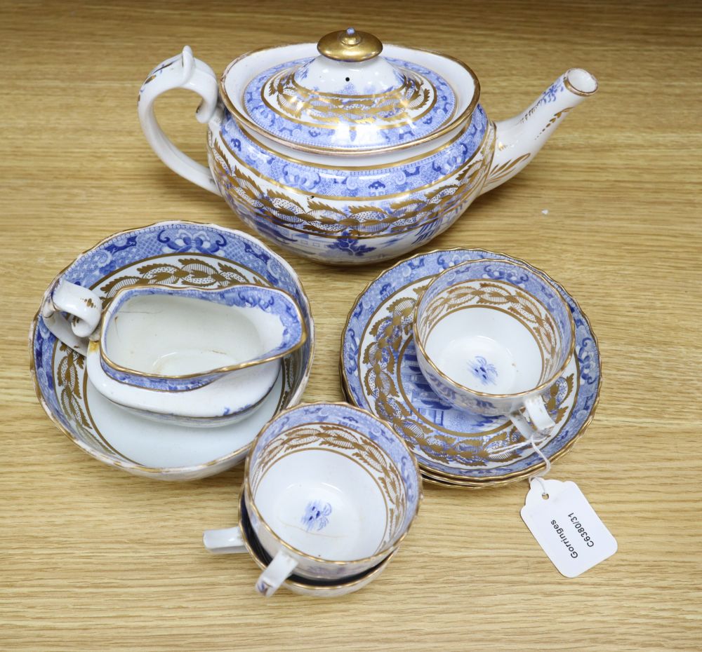 An early 19th century Miles Mason blue and white transfer printed tea set, Temple pattern